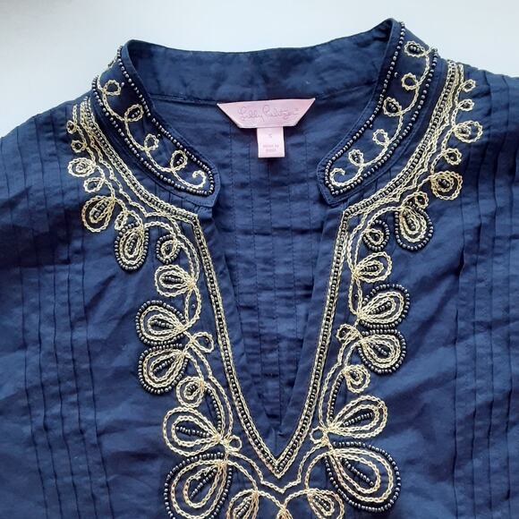 Lilly Pulitzer Sarasota Tunic Top Navy Blue Beaded Soutache Embroidered Womens S - Picture 6 of 14